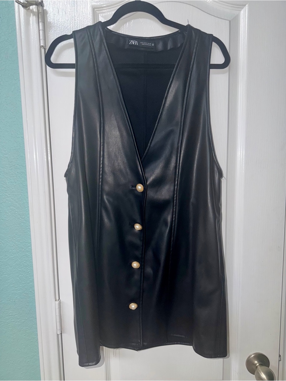 Zara Black Faux Leather Sleeveless Vest with Gold Buttons